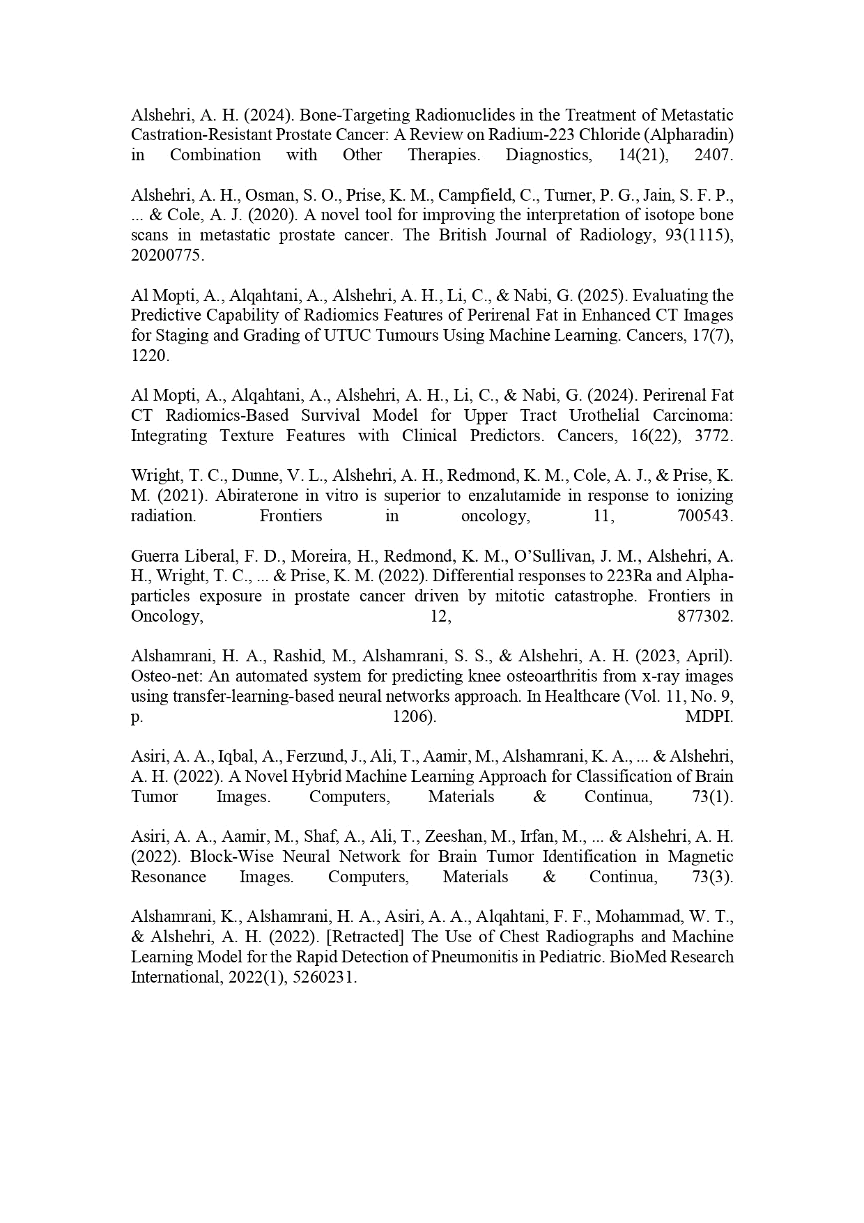 A document listing various research articles by Alshehri and collaborators on radiomics, machine learning, and cancer treatment.